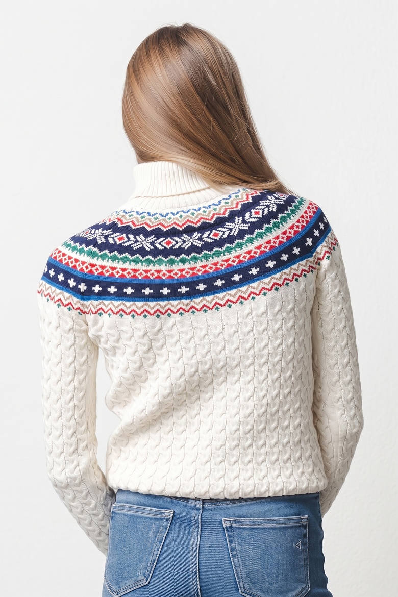 Women's Organic Cotton Turtleneck Cable Sweater, Alternate, color, Ivory and Multi Fair Isle