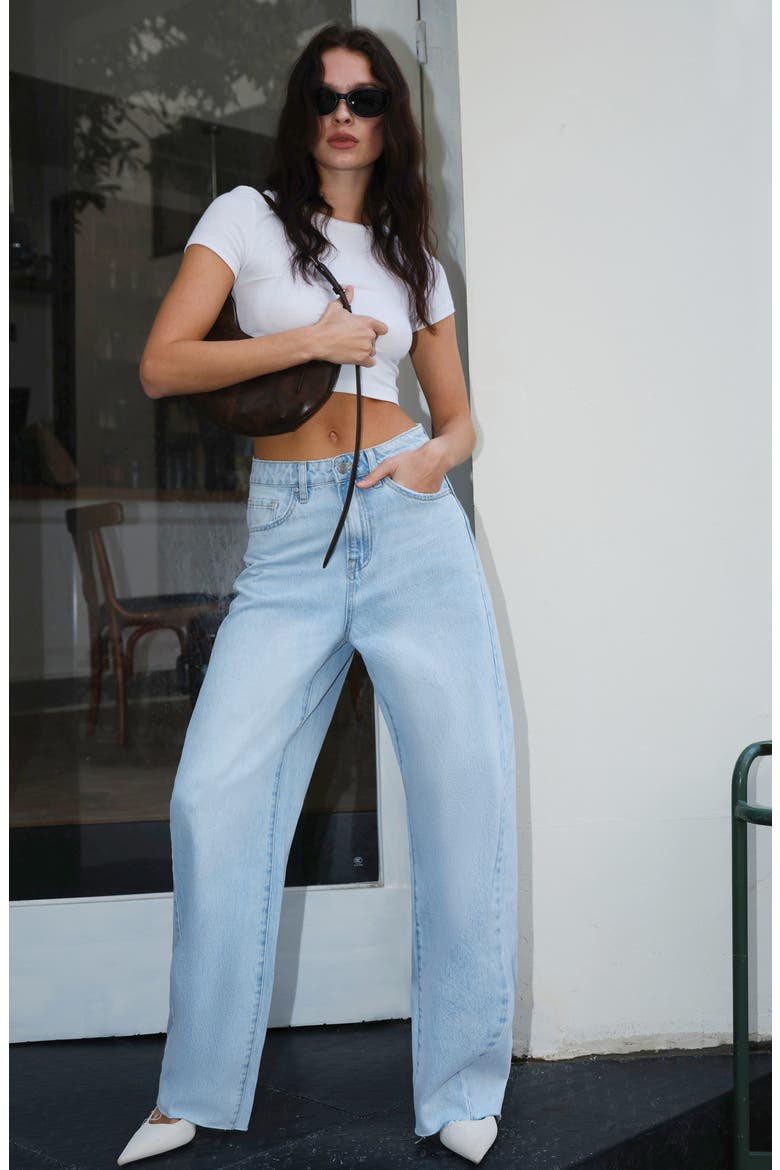 Raw Hem Super High Waist Barrel Jeans, Alternate, color, LIGHT BLUE