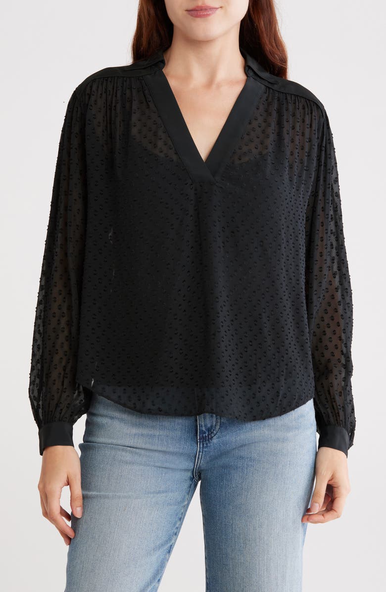 Madewell Clip Dot Long Sleeve Popover Top, Main, color, True Black