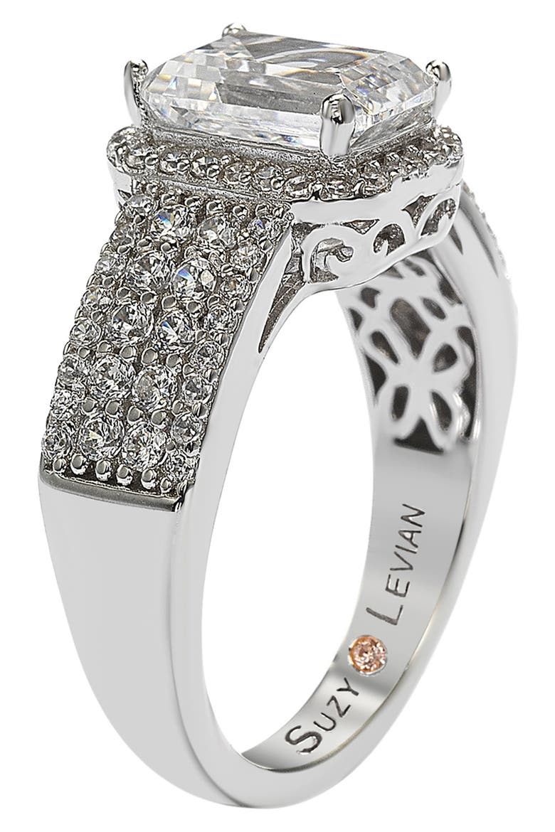 Sterling Silver Emerald Cut White Cubic Zirconia Halo Bridal Ring, Alternate, color, WHITE