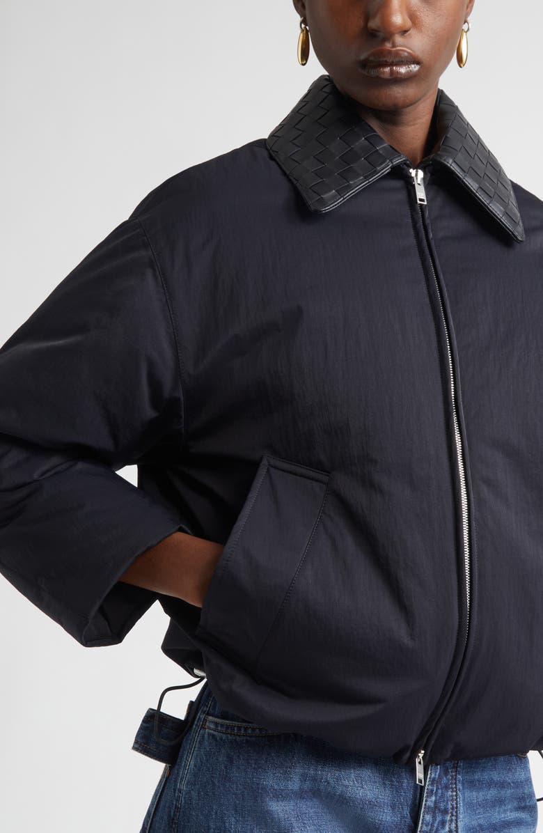 Bottega Veneta Intrecciato Leather Collar Tech Nylon Puffer Jacket, Alternate, color, 1000 Black