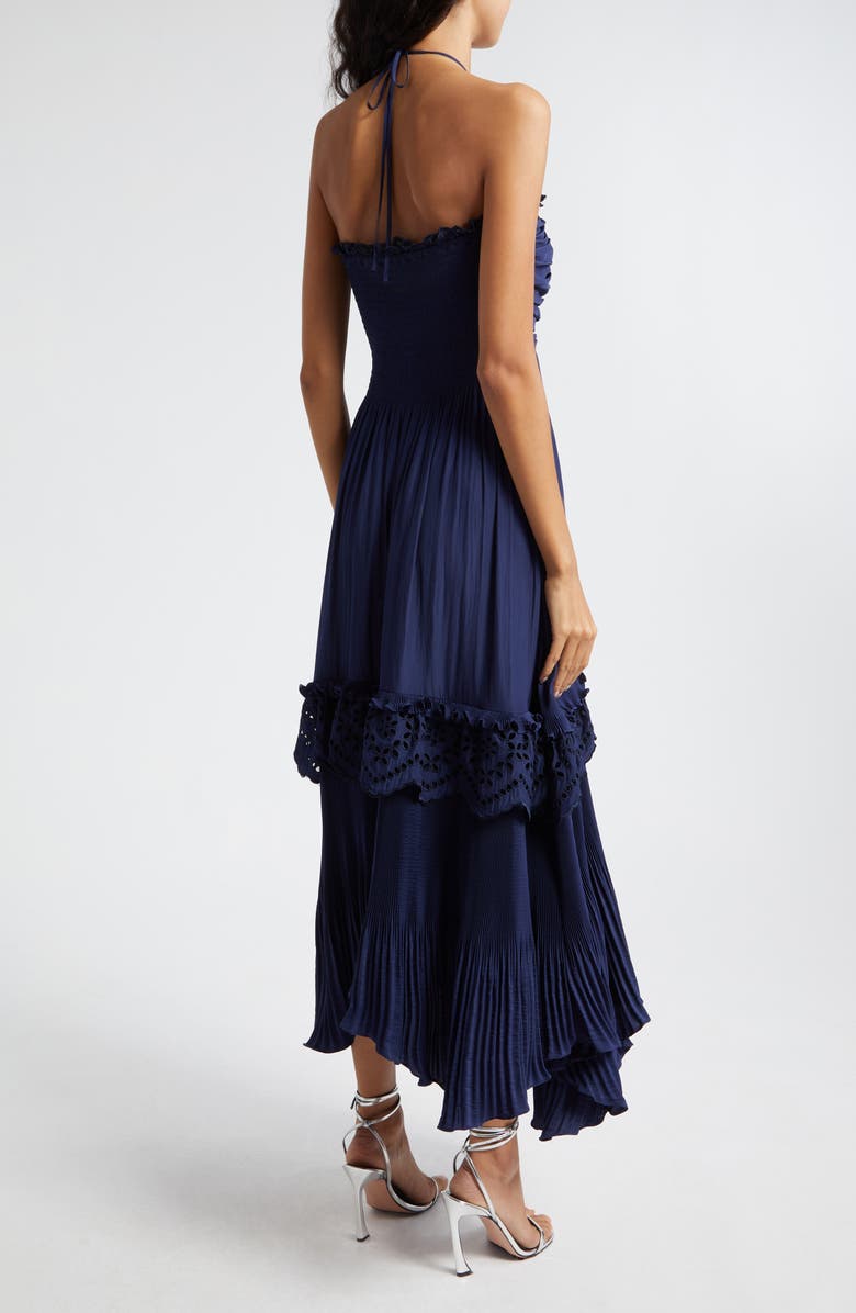 Ramy Brook Dulce Eyelet Ruffle Plissé Halter Maxi Dress, Alternate, color, Spring Navy