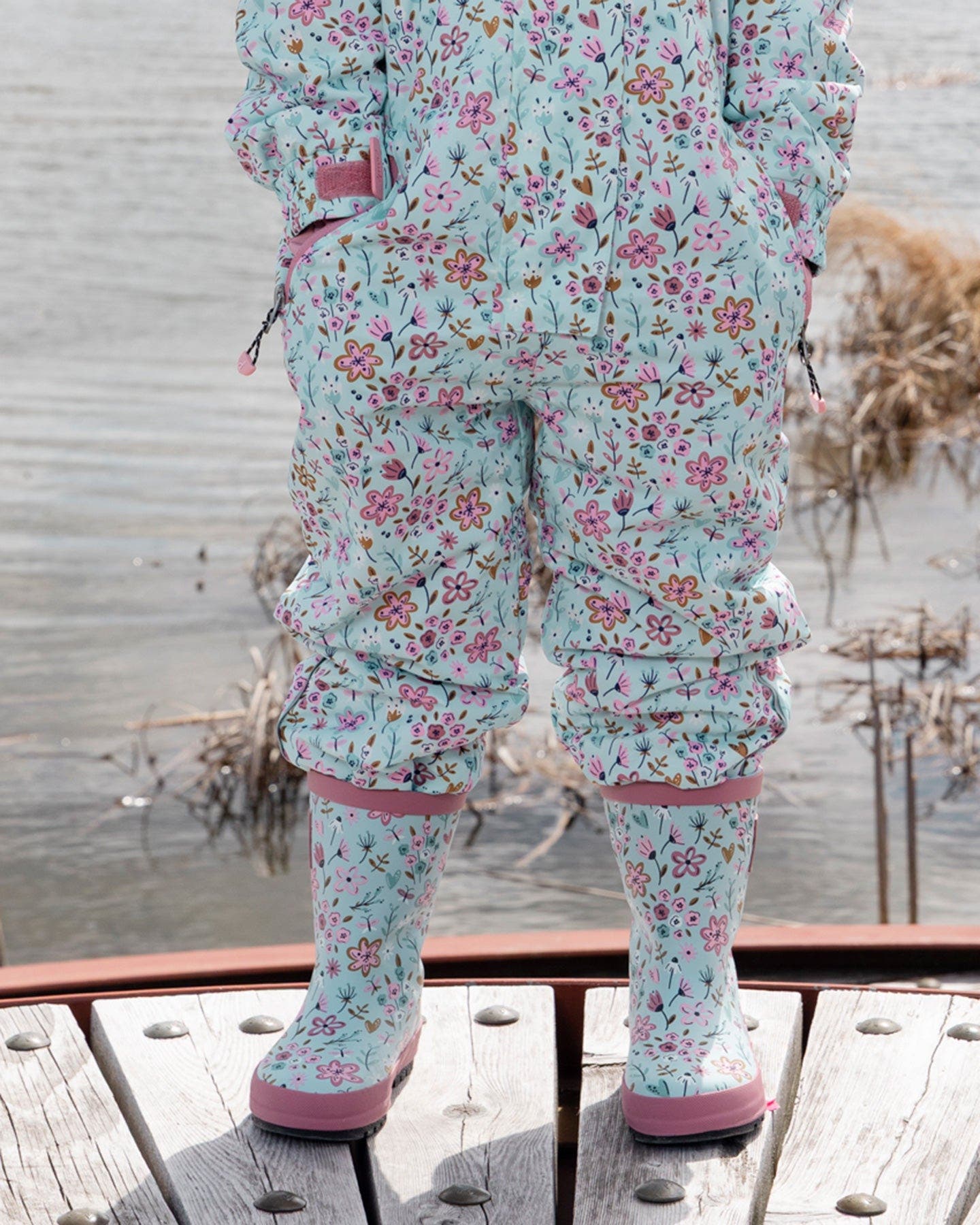 Deux par Deux Waterproof Mini Flower Rain Boots in Natural Rubber, Alternate, color, Blue Mini Flower Print