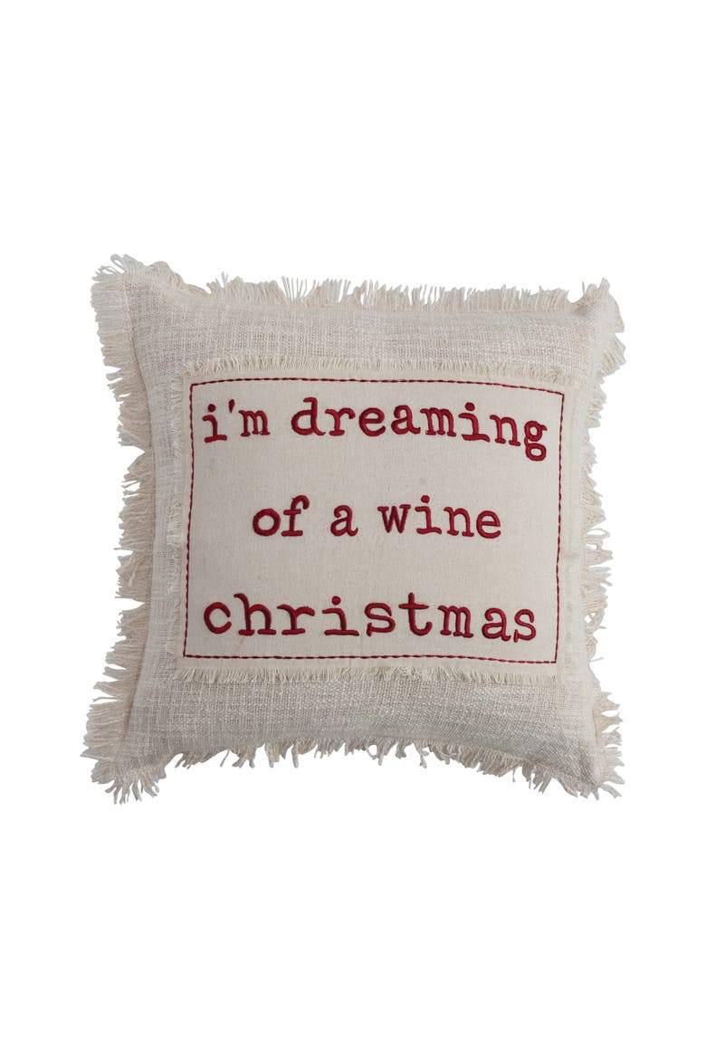 Cotton Slub Pillow with Applique, Embroidery & Fringe, Natural & Red, Main, color, Natural & Red