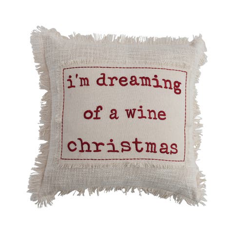 Cotton Slub Pillow with Applique, Embroidery & Fringe, Natural & Red
