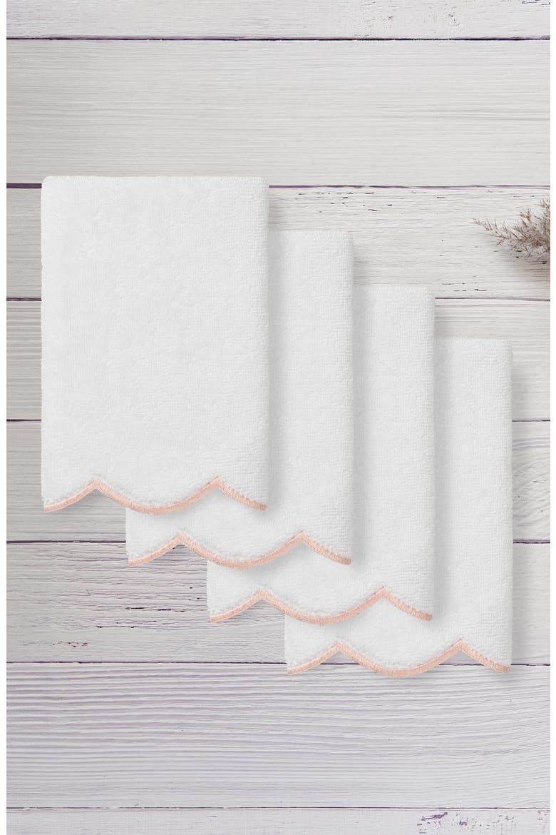 Adornia Scallop Set of 4 Fingertip Towels, Alternate, color, WHITE/ PINK