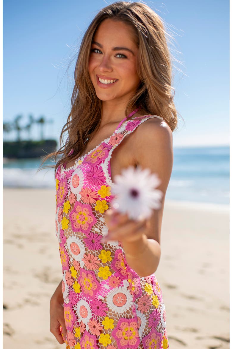 Happy Cover-Up Crochet Dress, Alternate, color, PINK
