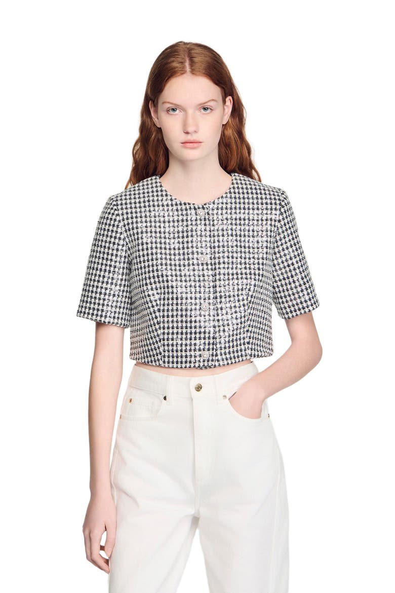 Cropped houndstooth tweed jacket, Main, color, Black / white