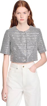 SANDRO Cropped houndstooth tweed jacket