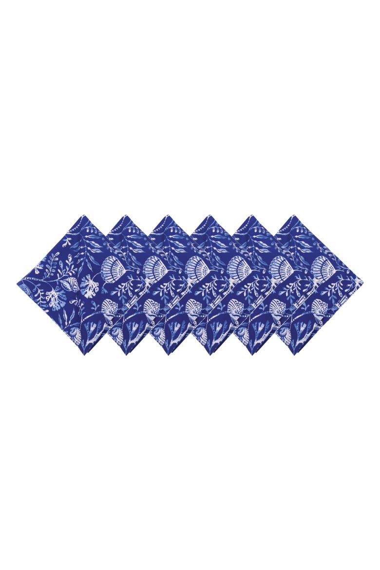Blue Reef Shells & Coral 100% Cotton Hemstitch Set of 6 Cloth Napkins, Main, color, Blue