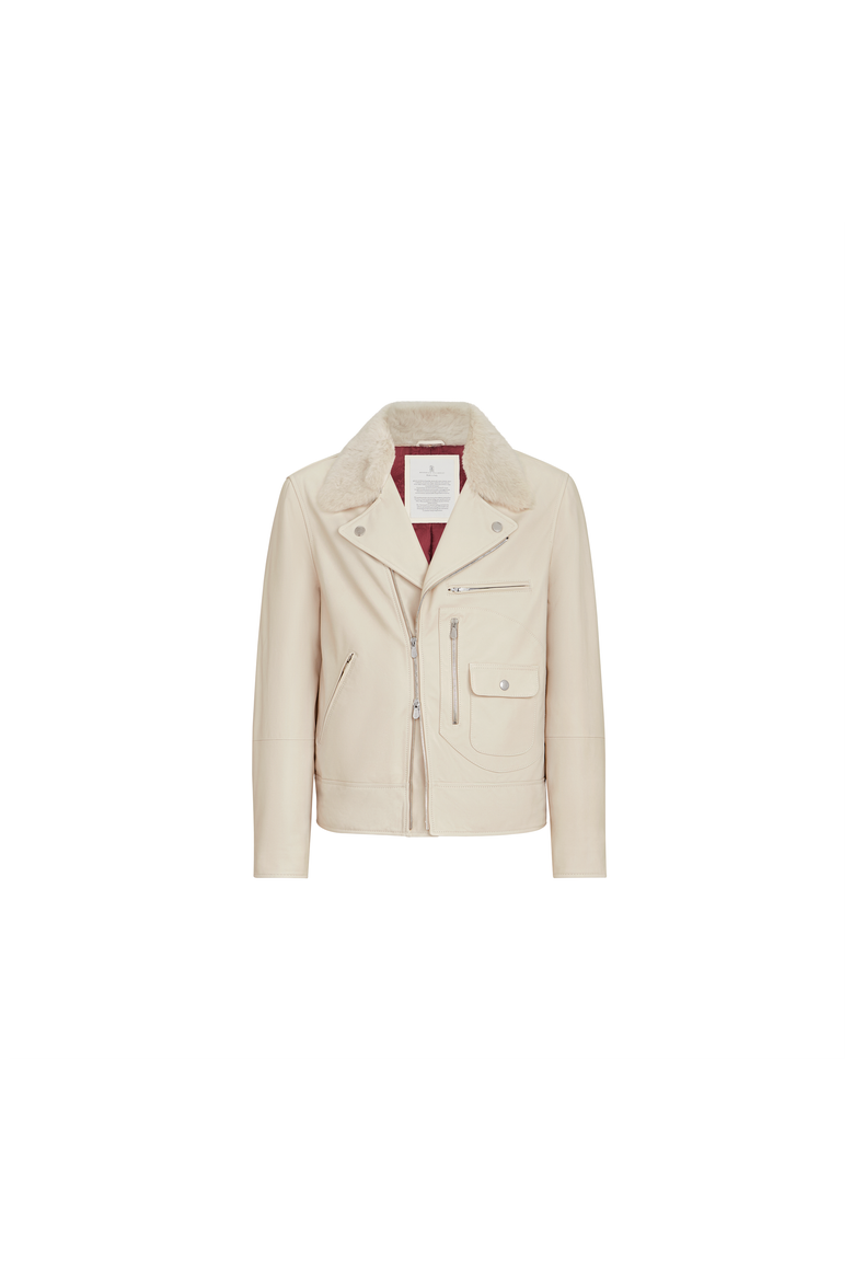 Nappa leather biker jacket with Thermore® padding and detachable shearling collar, Alternate, color, Ivory