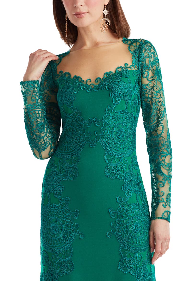 Embroidered Lace Long Sleeve Crepe Gown, Alternate, color, EMERALD