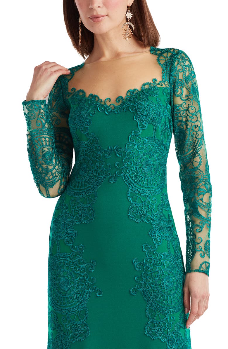 Tadashi Shoji Embroidered Lace Long Sleeve Crepe Gown, Alternate, color, Emerald