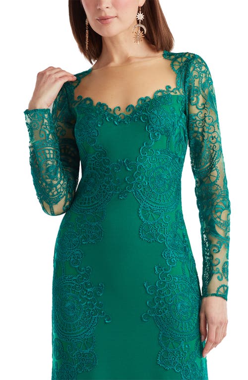 Tadashi Shoji Embroidered Lace Long Sleeve Crepe Gown In Green