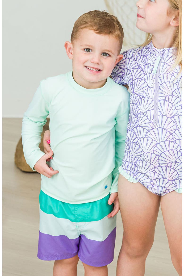 Long Sleeve Rashguard & Stripe Swim Trunks Set, Alternate, color, GREEN