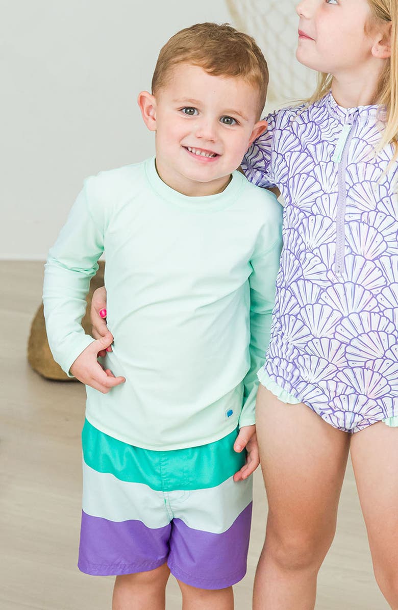 RuggedButts Long Sleeve Rashguard & Stripe Swim Trunks Set, Alternate, color, Green