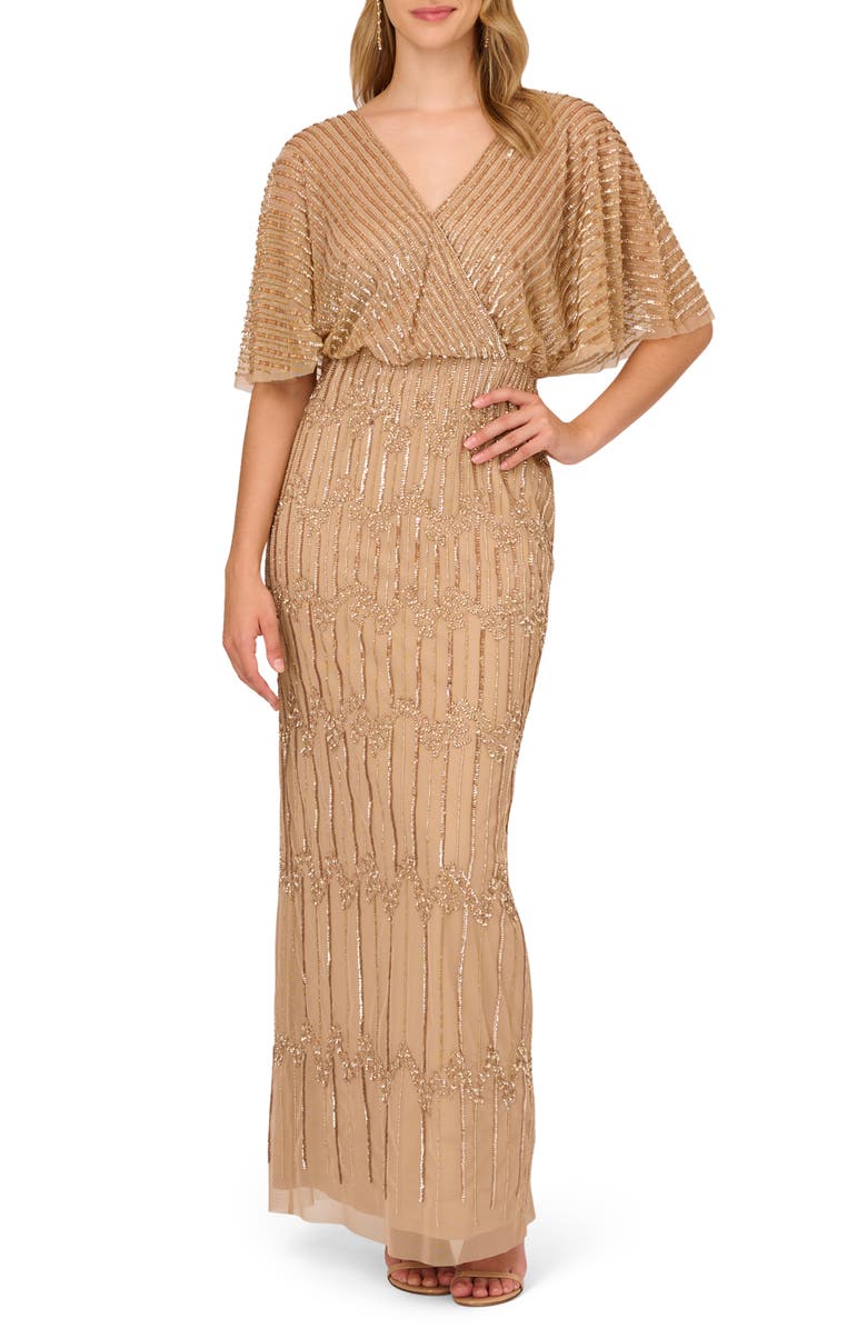 Adrianna Papell Beaded Evening Gown, Main, color, Champagne Gold