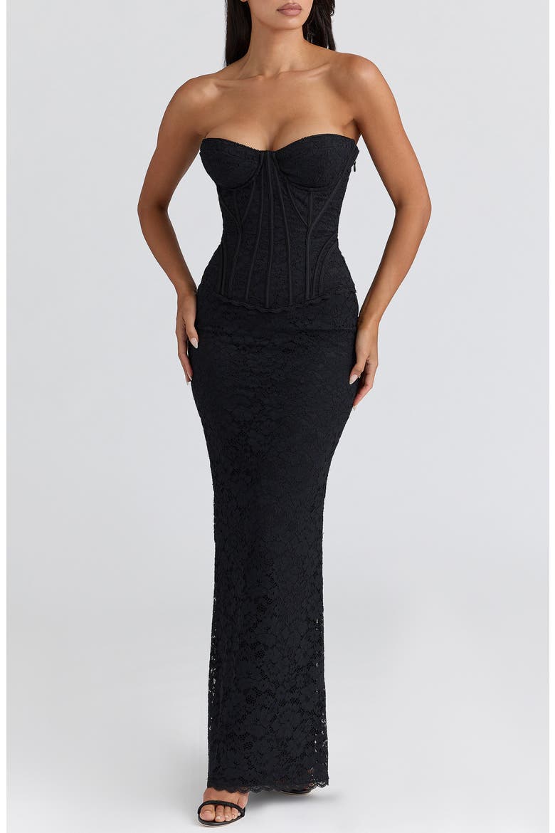 Solaine Lace-Up Strapless Lace Corset Gown, Alternate, color, BLACK
