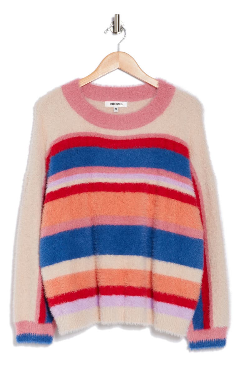 Stripe Hair Yarn Crewneck Sweater, Alternate, color, CREME MULTI