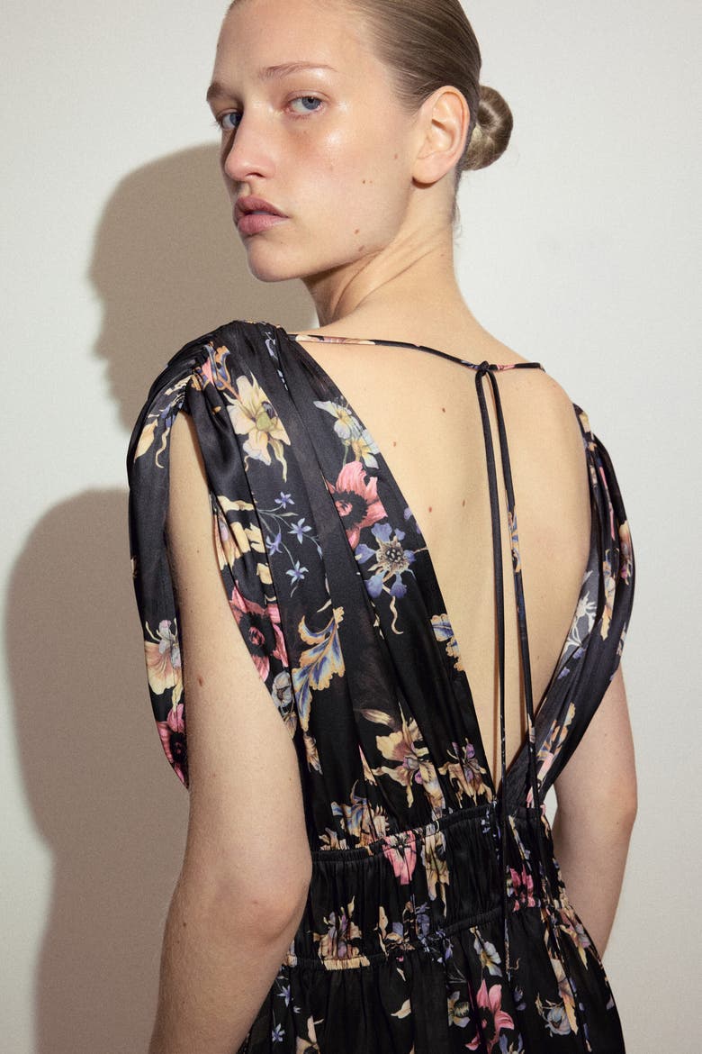 Draped Tie-detail Dress, Alternate, color, Black/floral
