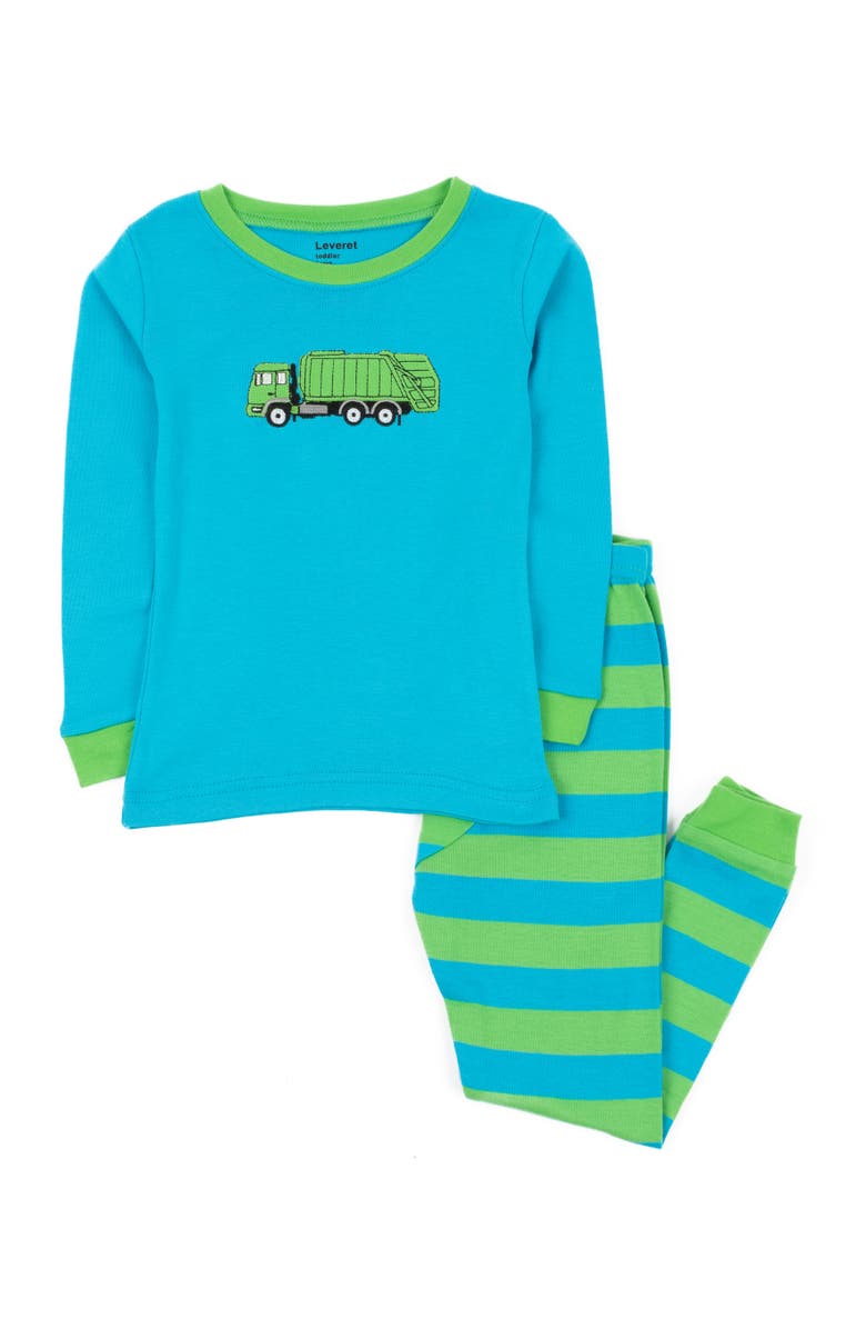 Leveret Cotton Two-Piece Printed Pajamas, Vehicles & Machines, Main, color, Garbage Truck Blue/Green