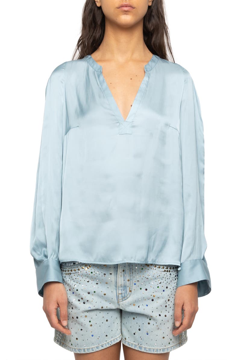 Zadig & Voltaire Torny Satin Split Neck Top, Main, color, Sky