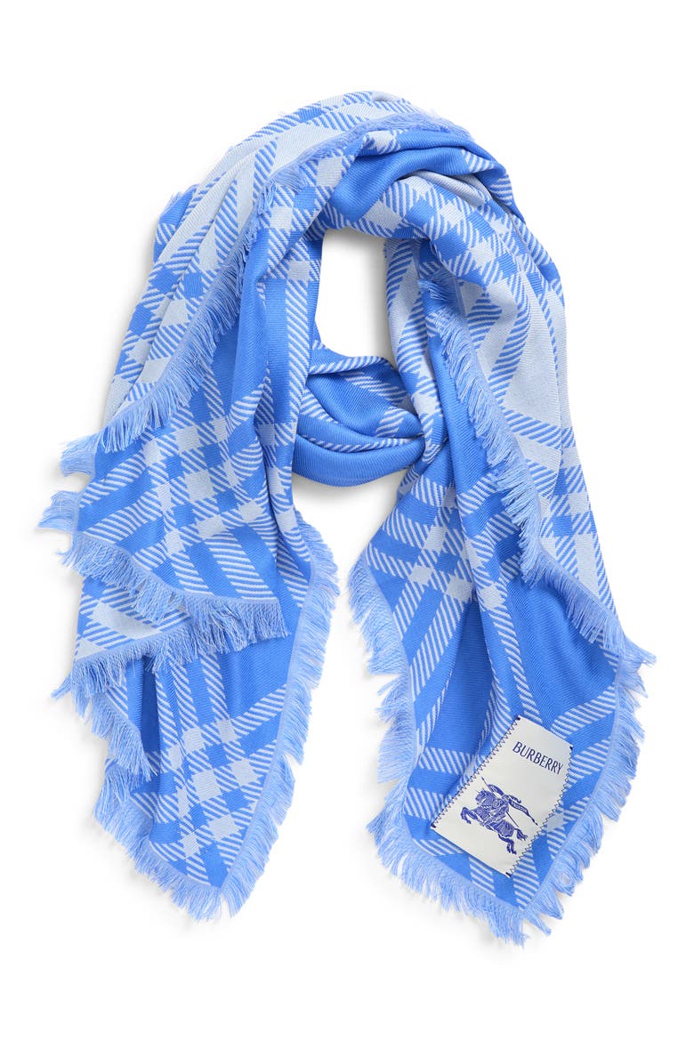 Check Wool & Silk Fringe Scarf, Alternate, color, DIVE BLUE