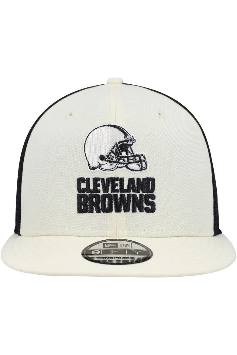 Men's New Era Cream/Black Cleveland Browns Chrome Collection 9FIFTY Trucker Snapback Hat, Alternate, color, Cream