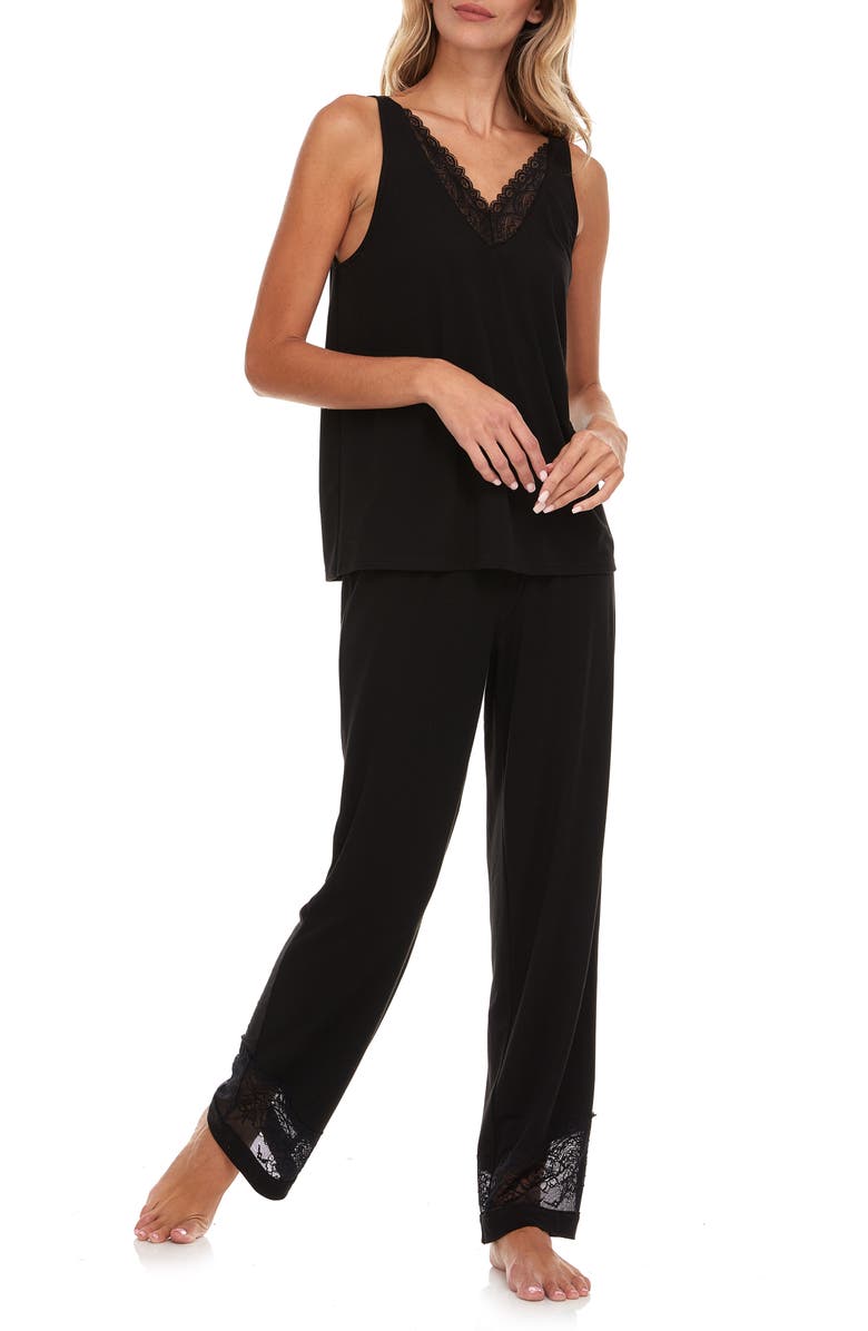 Flora By Flora Nikrooz Franny Lace Trim Tank & Pants Pajamas, Alternate, color, Black