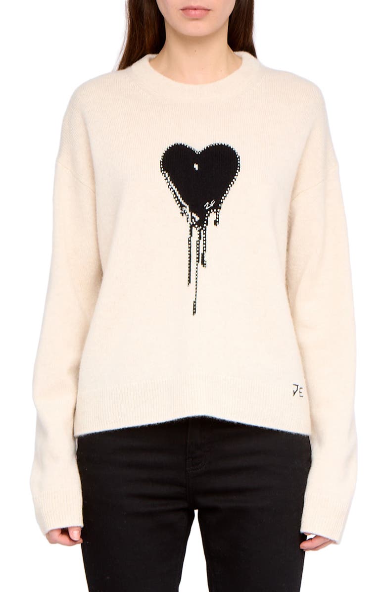 Zadig & Voltaire Markuz Embellished Heart Appliqué Cashmere Crewneck Sweater, Main, color, Eggshell