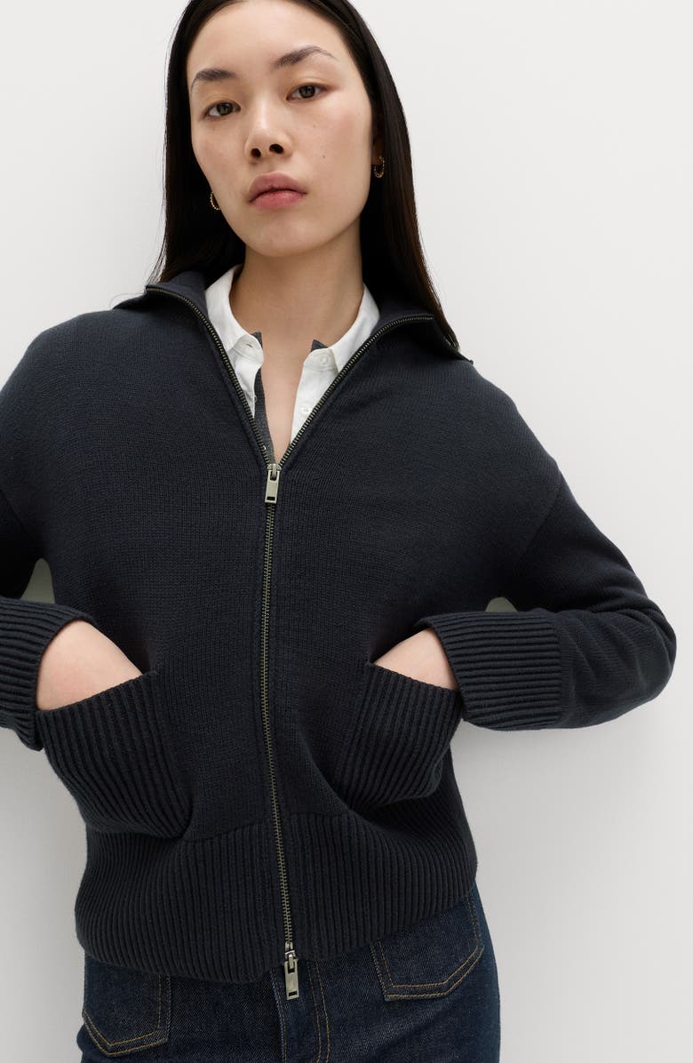 M&S Point Collar Knit Cotton & Wool Blend Jacket, Alternate, color, Midnight Navy Blue