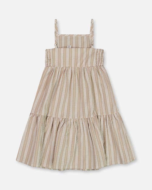 Deux Par Deux Little Girl's Sleeveless Linen Dress White And Sage Striped In White And Sage Striped