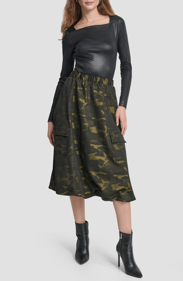 DKNY Camo Jacquard Bubble Hem Midi Skirt, Alternate, color, Dark Olive