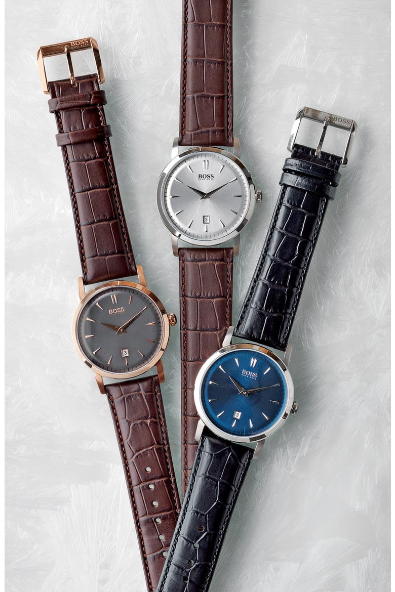 HUGO BOSS Round Leather Strap Watch, 40mm, Alternate, color, SILVER/ BROWN