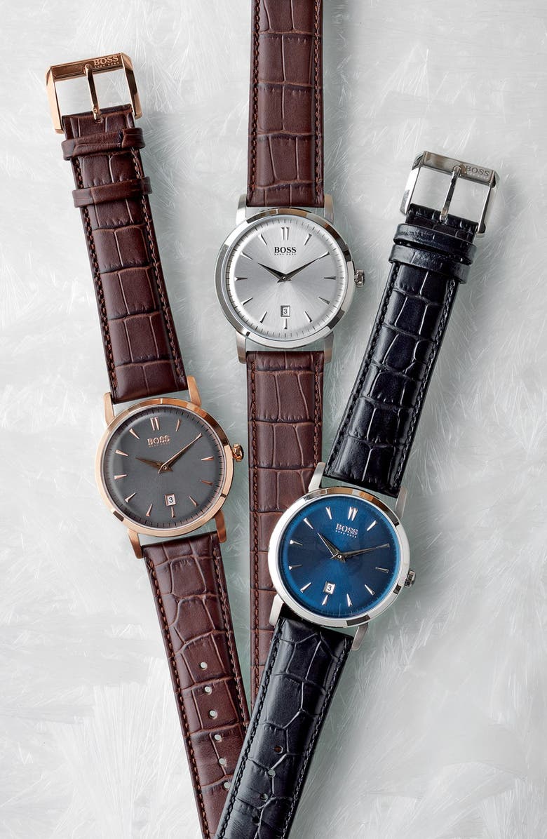 BOSS HUGO BOSS Round Leather Strap Watch, 40mm, Alternate, color, 