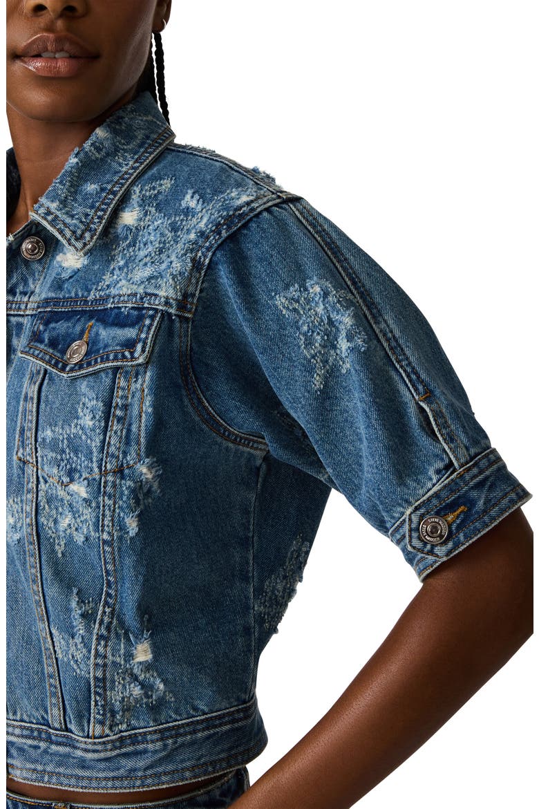 Distressed Short Sleeve Denim Jacket, Alternate, color, MIXED INDIGO