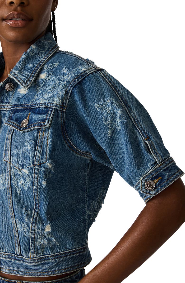 Steve Madden Distressed Short Sleeve Denim Jacket, Alternate, color, Mixed Indigo