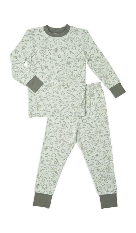 Everly Grey Emerson Fitted Long Sleeve 2-Piece Pajamas in Sage Doodle 