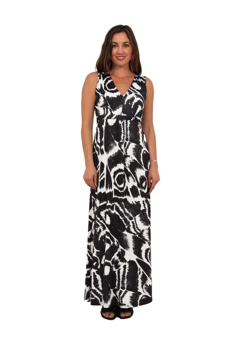 Womens Essential Abstract Print V-Neck Sleeveless Tie Back Empire Waist Maxi Dress, Main, color, Black Multi