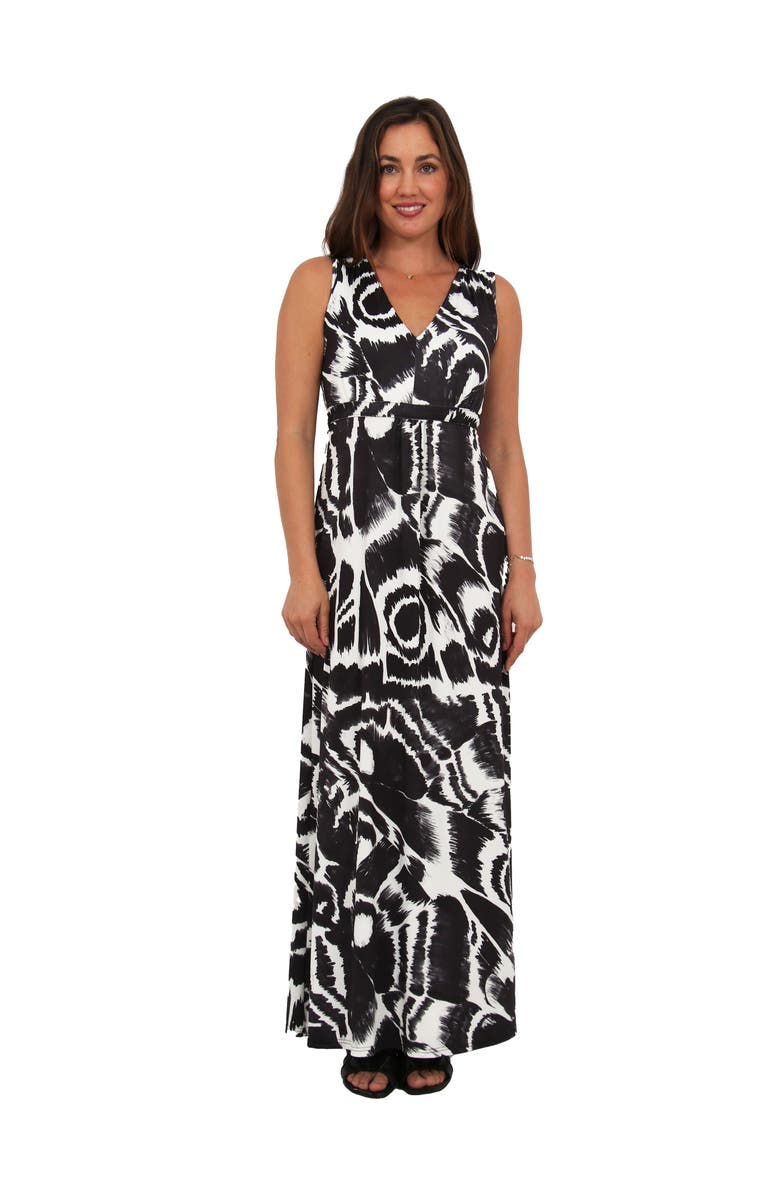 24seven Comfort Apparel Womens Essential Abstract Print V-Neck Sleeveless Tie Back Empire Waist Maxi Dress, Main, color, Black Multi