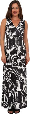 24seven Comfort Apparel Womens Essential Abstract Print V-Neck Sleeveless Tie Back Empire Waist Maxi Dress