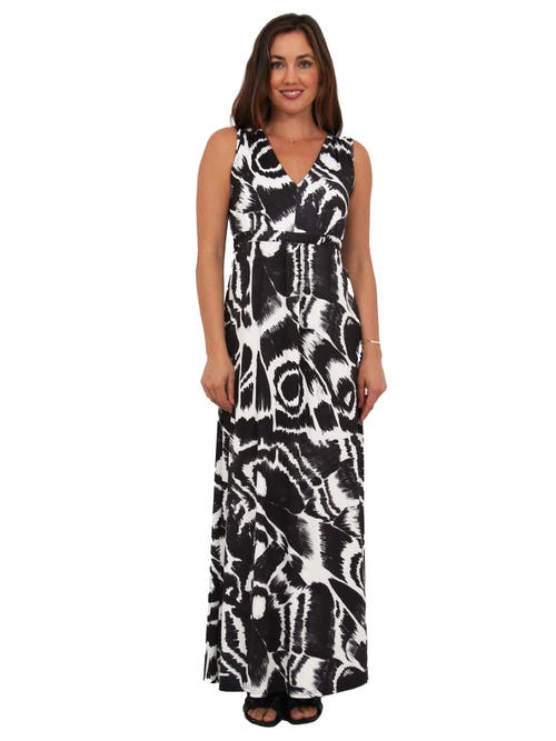 24seven Comfort Apparel Womens Essential Abstract Print V-Neck Sleeveless Tie Back Empire Waist Maxi Dress in Black Multi at Nordstrom, Size Small
