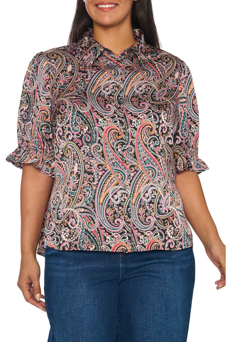 Paisley Satin Shirt with Balloon Sleeves, Main, color, RICH BLACK