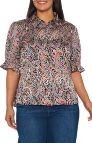CeCe Paisley Satin Shirt with Balloon Sleeves