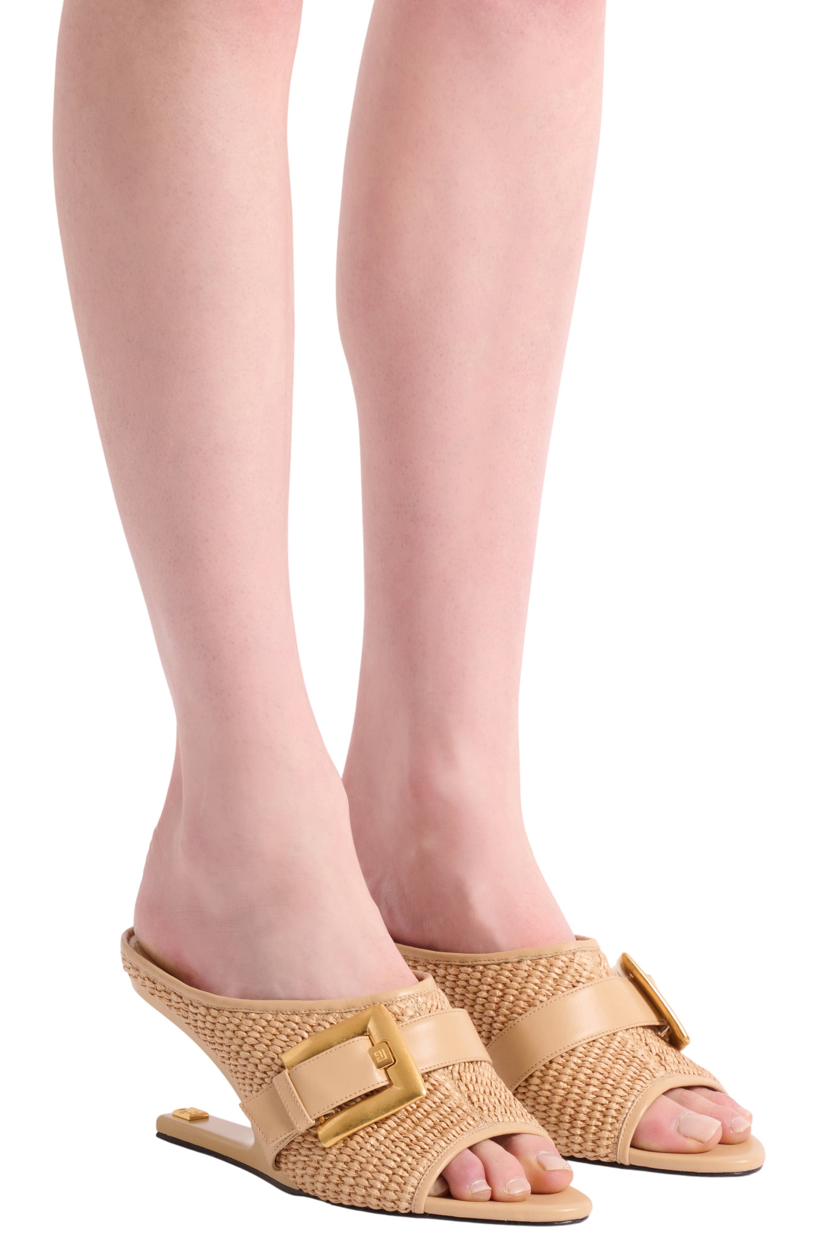 Balmain Anthem No Wedge mules in smooth leather and raffia, Alternate, color, Beige