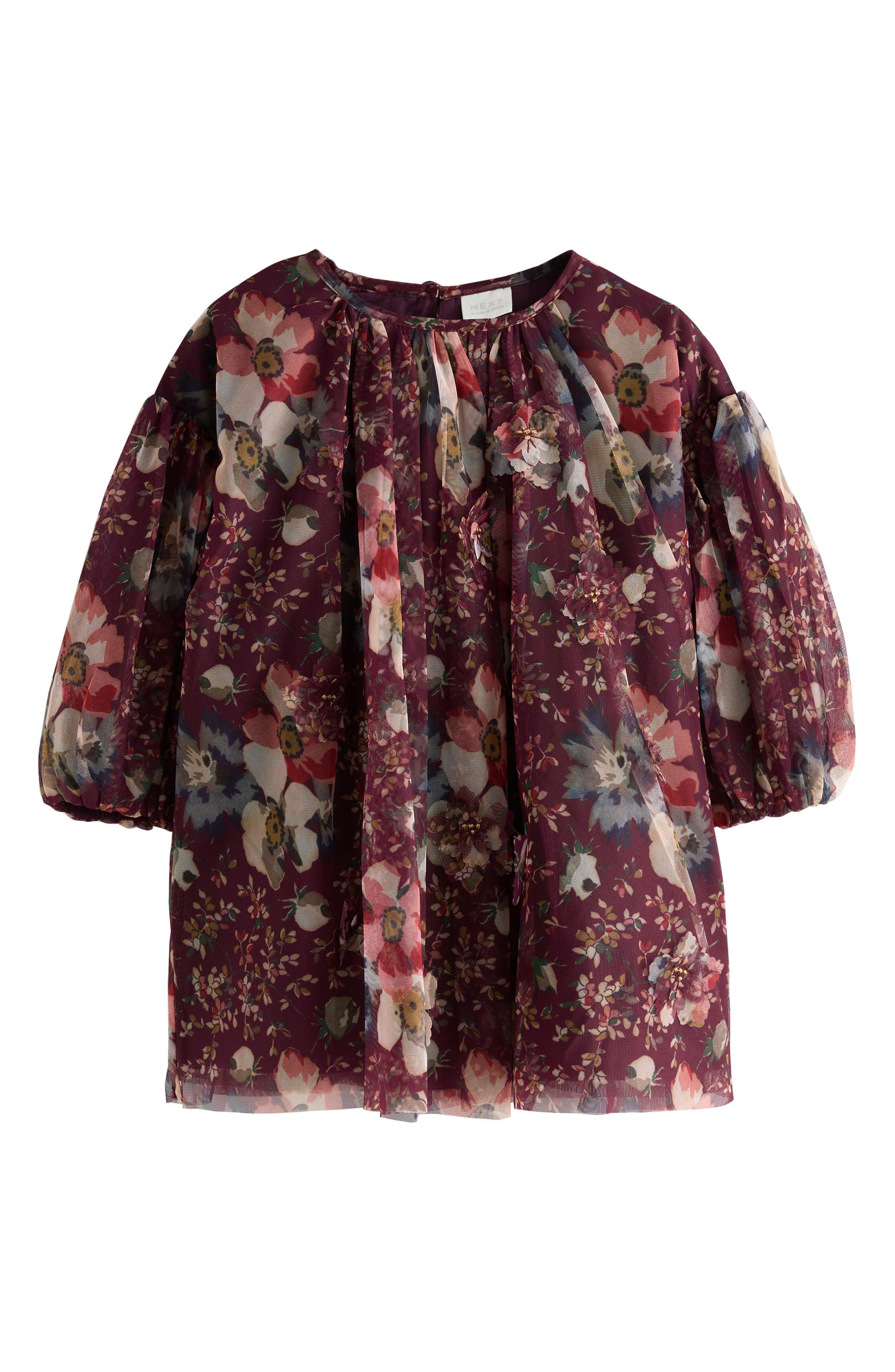 NEXT Kids' Floral Long Sleeve Mesh Dress