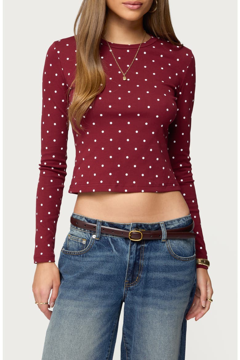Daliya Polka Dot Long Sleeve Crop Shirt, Main, color, BURGUNDY