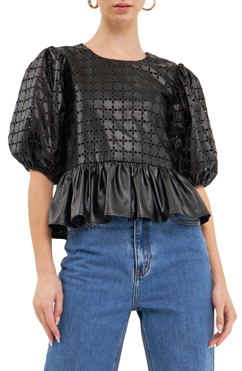 English Factory Puff Sleeve Eyelet Faux Leather Top, Main, color, 