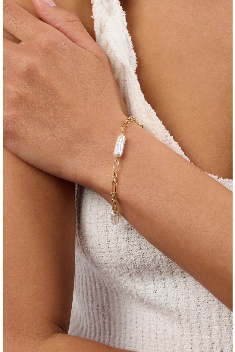 Faux Pearl Paper Clip Chain Bracelet, Alternate, color, GOLD
