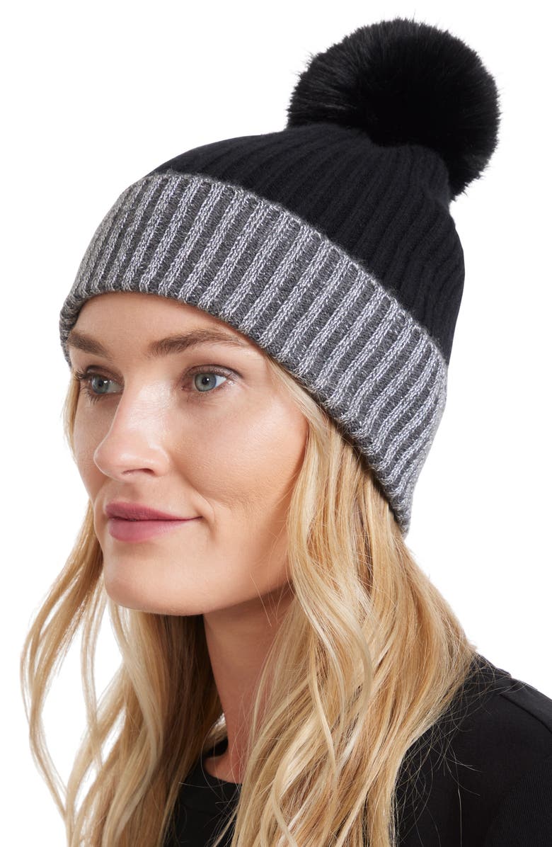 Sofia Cashmere Ribbed Cashmere Knit Beanie with Faux Fur Pompom, Alternate, color, Black/ Charcoal